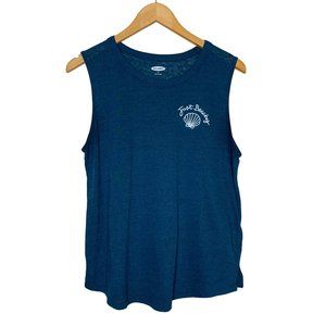 Old Navy Tank Top Just Beachy Shell Embroidered Linen Blend Teal Blue Shirt  M